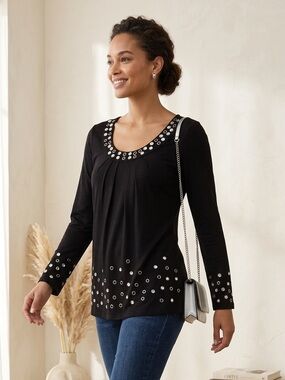 INC INTERNATIONAL CONCEPTS Women’s Black Rhinestone Grommet Embellished Top S